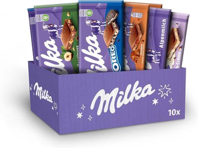 Milka Selection Gift Sharing Bulk Box, Assorted Chocolate Tablets, Milka OREO, Caramelo, Creme, Hazelnut and Alpine Chocolate Milk, Perfect for Gifting or Sharing, 100 g Bars (Pack of 10 Bars)