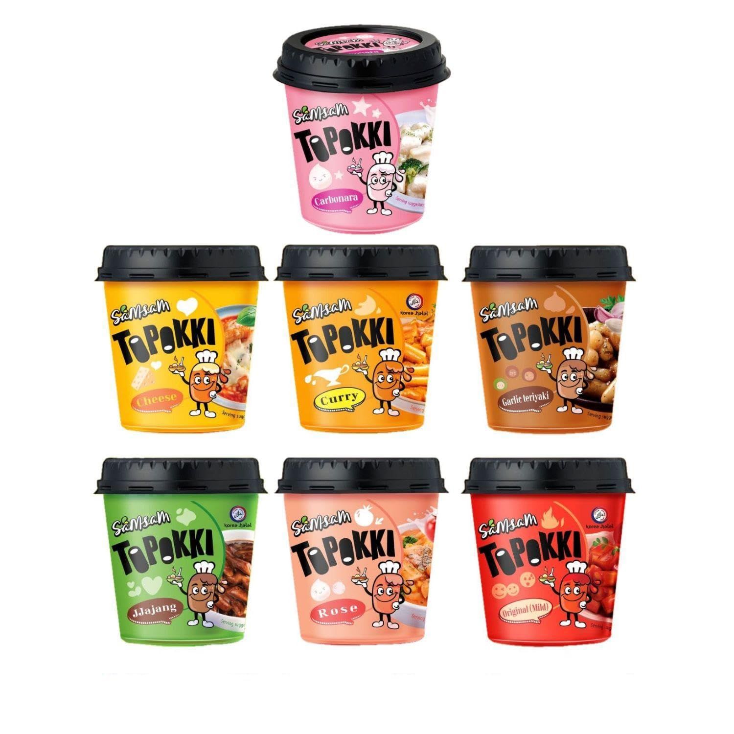 SamSam Instant Tteokbokki Topokki Korean Rice Cakes Chewy Street Snack, Multi Flavours, Carbonara, Cheese, Curry, Garlic Teriyaki, Jjajang, Rose, Original Sweet &amp; Spicy (Pack of 6, 6 Random Flavour)
