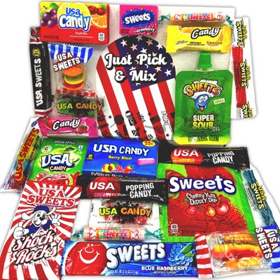 Just Pick &amp; Mix American Sweets Box Gift Hamper for Kids - American Candy Favourite USA Sweets Brands - Birthday Sweet Hamper, Thank You &amp; Treat Snacks Gifts American Hamper