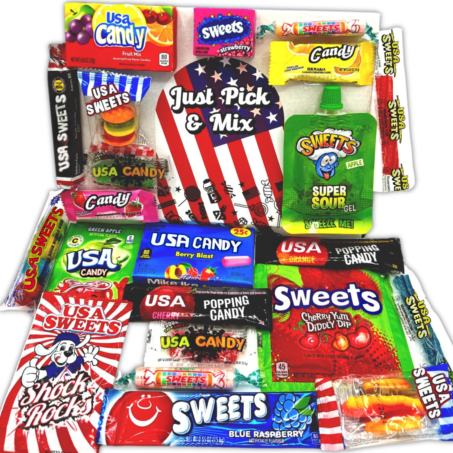 Just Pick &amp; Mix American Sweets Box Gift Hamper for Kids - American Candy Favourite USA Sweets Brands - Birthday Sweet Hamper, Thank You &amp; Treat Snacks Gifts American Hamper