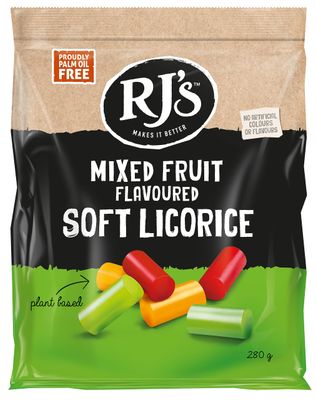 RJ's - Mixed Fruit Flavoured Soft Eating Licorice, 280g Bag