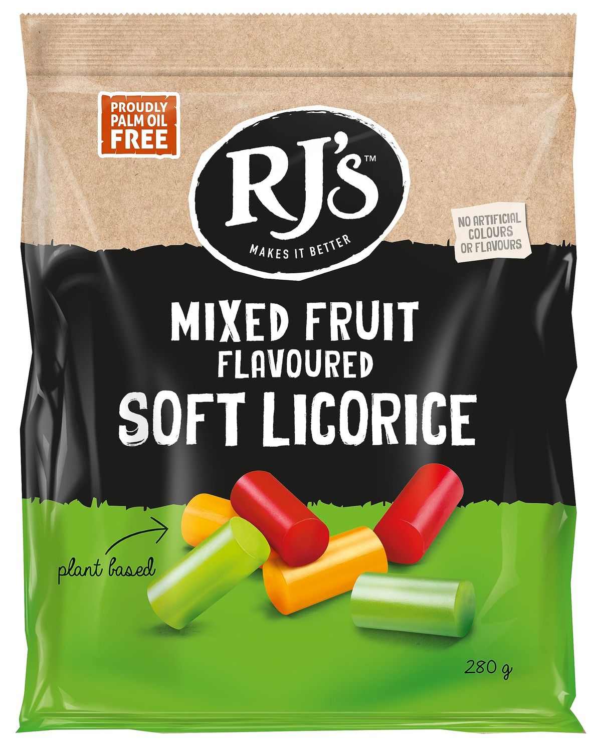 RJ's - Mixed Fruit Flavoured Soft Eating Licorice, 280g Bag