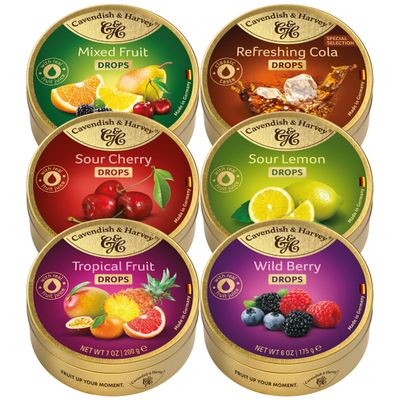 Cavendish &amp; Harvey Hard Candy Drops Set, 6 Flavours, 175-200g Tins, Tropical Fruit, Sour Cherry, Cola, Sour Lemon, Wild Berry, Mixed Fruit