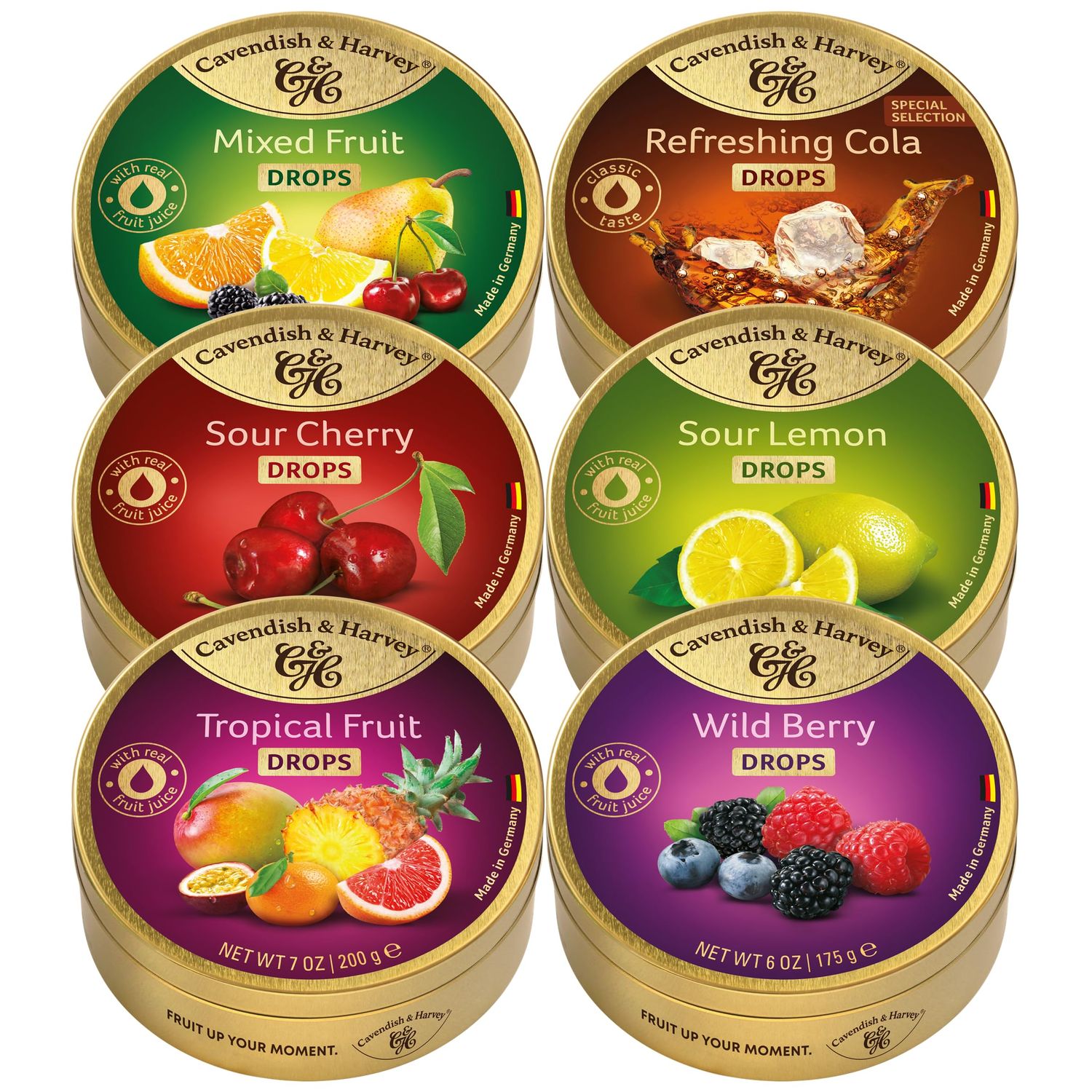 Cavendish &amp; Harvey Hard Candy Drops Set, 6 Flavours, 175-200g Tins, Tropical Fruit, Sour Cherry, Cola, Sour Lemon, Wild Berry, Mixed Fruit