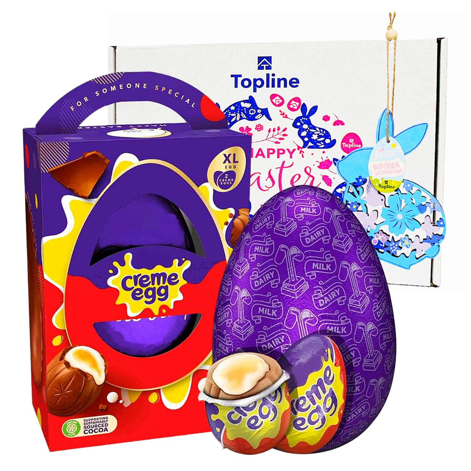 Easter Eggs Chocolate Hamper for Easter Gifts - Large 255g Dairy Milk Creme Egg Chocolate Egg with Mini Eggs &amp; Topline Hanging Decoration. Chocolates Gift Box for Kids Easter Egg Hunt, Easter Basket
