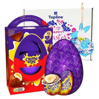 Easter Eggs Chocolate Hamper for Easter Gifts - Large 255g Dairy Milk Creme Egg Chocolate Egg with Mini Eggs &amp; Topline Hanging Decoration. Chocolates Gift Box for Kids Easter Egg Hunt, Easter Basket
