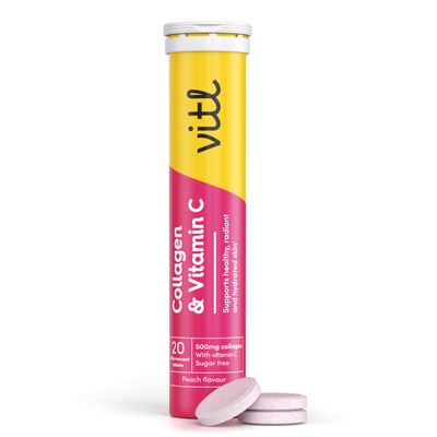 Vitl Collagen &amp; Vitamin C Effervescent Tablets Nutritional Support for Skin, Hair, Nails &amp; Joints Collagen Supplements for Women Peach Flavour (20 Tablets)
