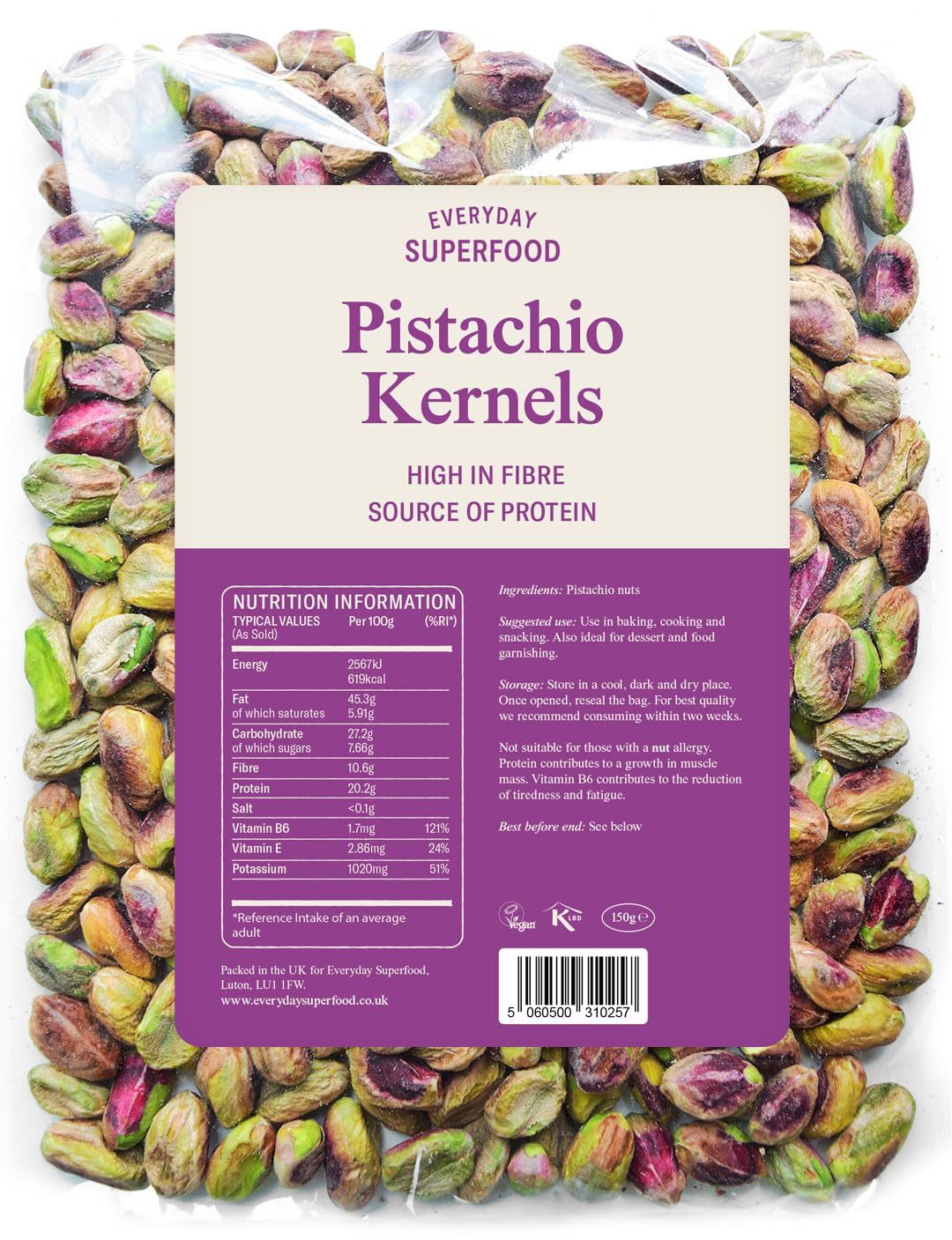 Everyday Superfood Raw Pistachio Kernels 150g Certified &amp; Tested for Low Aflatoxin No Shell, No Salt, No Hidden Oils