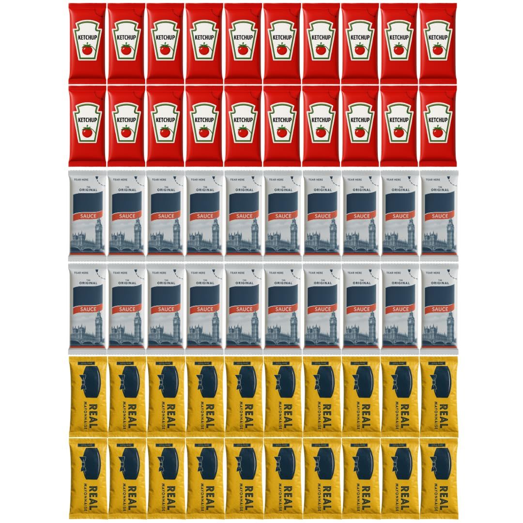75-Pack Condiment Sachet Bundle - 25x Tomato Ketchup, 25x Mayonnaise &amp; 25x Brown Sauce 10ml Single-Serve Portions for Lunchboxes, Takeaways, Picnics, Camping &amp; Hotels