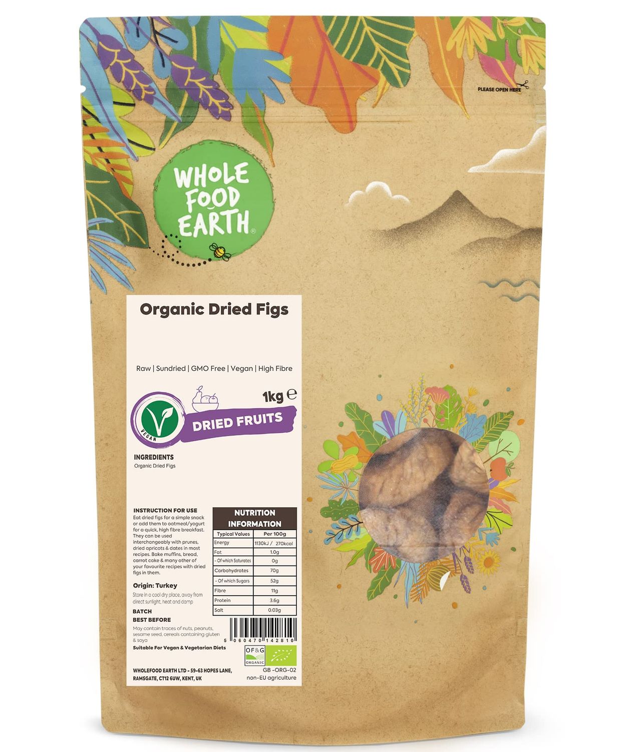 Wholefood Earth Organic Dried Figs - 1 kg Raw Sundried GMO Free Vegan High Fibre Certified Organic