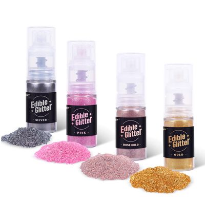 Sujoygar® Edible Glitter Spray for Drinks, Cakes, Cookies, Cocktails 5g 4 Colors Set Gold Silver Pink &amp; Rose Gold Luster Dust Edible Cake Glitter Edible Spray for Party Decorations