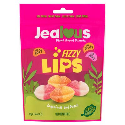 JEALOUS SWEETS Fizzy Lips Jelly Sweets (1 x 125g Share Bag) Vegan Gluten &amp; Dairy Free Gummies. Tasty Natural Fruit Chewy Treats. No Artificial Colour, Gelatine Free Gums