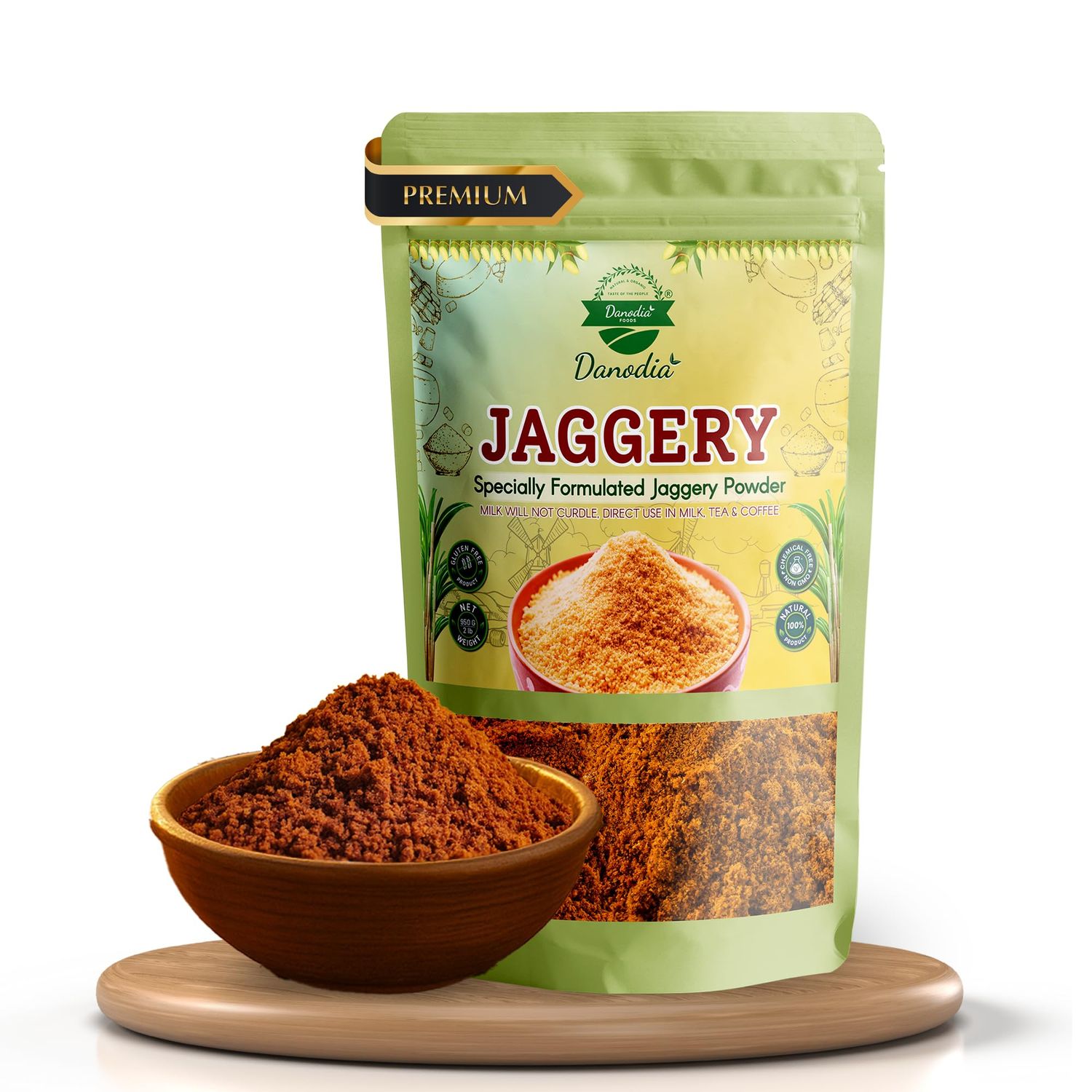 Danodia Foods Natural Jaggery Powder (2 lbs/950G) Gluten Free, Traditionally Made Sweetner, No Additives or Preservatives Used Unique Sugar Substitute, Best Of Indian Sweetener (Resealable Pouch)