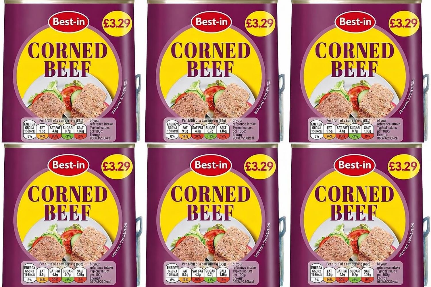 Sixsigma Foods Corned Beef (340g x 6 Tins) - Perfect For Sandwiches, Meals &amp; Storage Ready To Eat Tinned Beef, Long Shelf Life, Canned Meat For Hot Dishes or Cold Platters