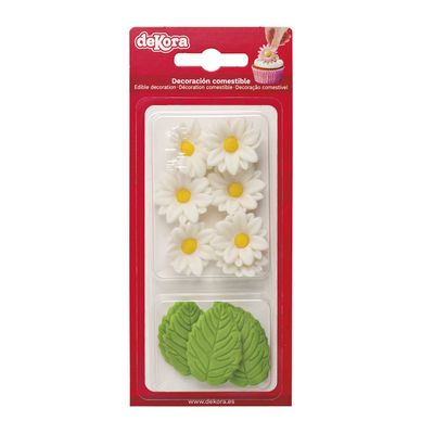 Dekozauber24 Edible flowers for cakes, white, edible sugar flowers, vegetarian, 7 blossoms, 5 Leaves, edible cake decorations, daisy cake topper wedding