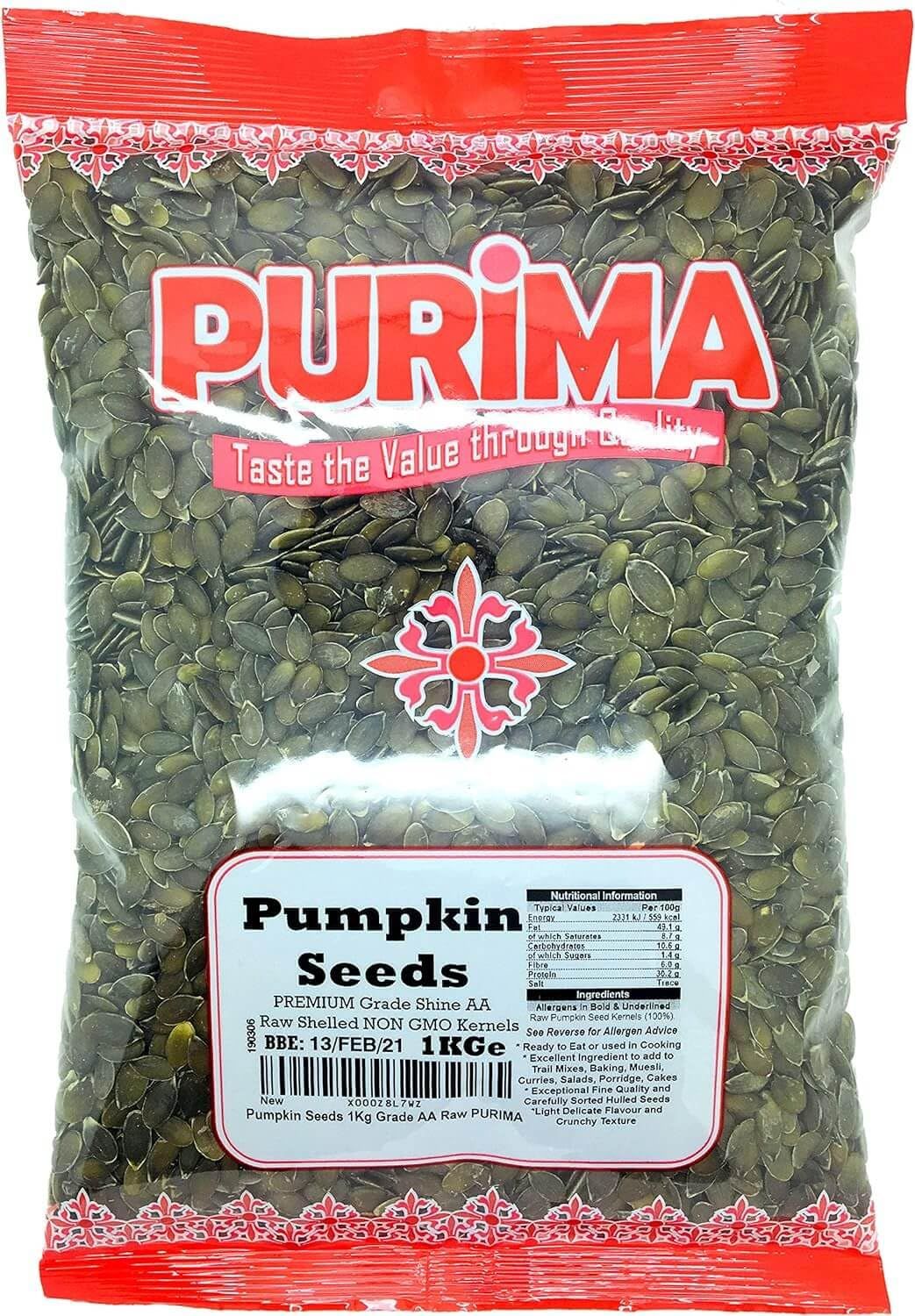 Pumpkin Seeds 1kg - GWS AA Raw Highest Grade Seed - Ready to Eat Edible - For Human Consumption - Without No Shell Whole Kernel - UnRoasted UnSalted Shelled Large Bulk UK (Packaging May Vary) PURIMA