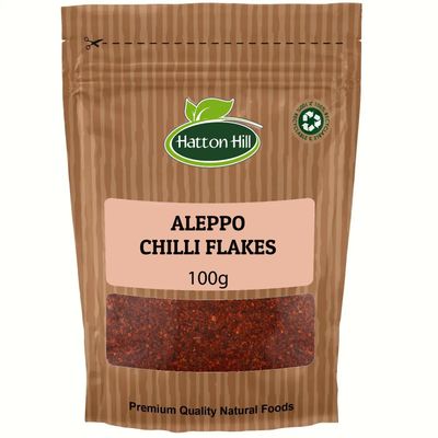 Aleppo Chilli Flakes 100g by Hatton Hill Pul Biber, Semi-Dried Red Pepper, Crushed, Middle East Cuisine, Mildly Hot, Marash Pepper