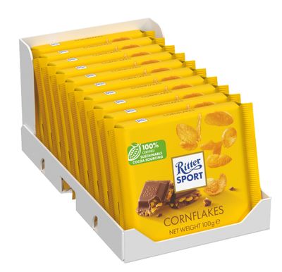 Ritter Sport Cornflake Milk Chocolate Bar, 100g, Case of 10, Chocolate Sharing Bar
