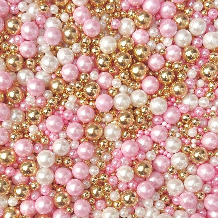 Pink white gold sprinkles for cakes cupcake edible pearls Mother's Day toppers sprinkle mix blend pale pink balls 100s 1000s decoration baking biscuits cake topper wedding PEONY