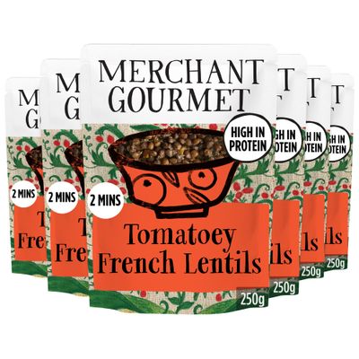 Merchant Gourmet Cooked Tomatoey French Puy &amp; Green Lentils - High in Protein, Source of Fibre &amp; Vegan - Pack of 6 x 250g Ready-to-eat Pouches