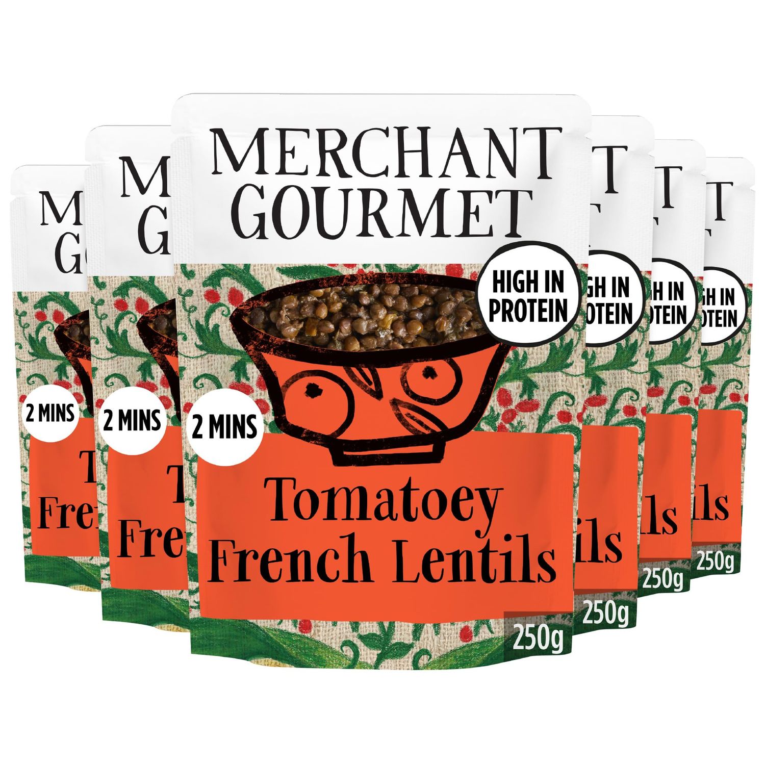 Merchant Gourmet Cooked Tomatoey French Puy &amp; Green Lentils - High in Protein, Source of Fibre &amp; Vegan - Pack of 6 x 250g Ready-to-eat Pouches