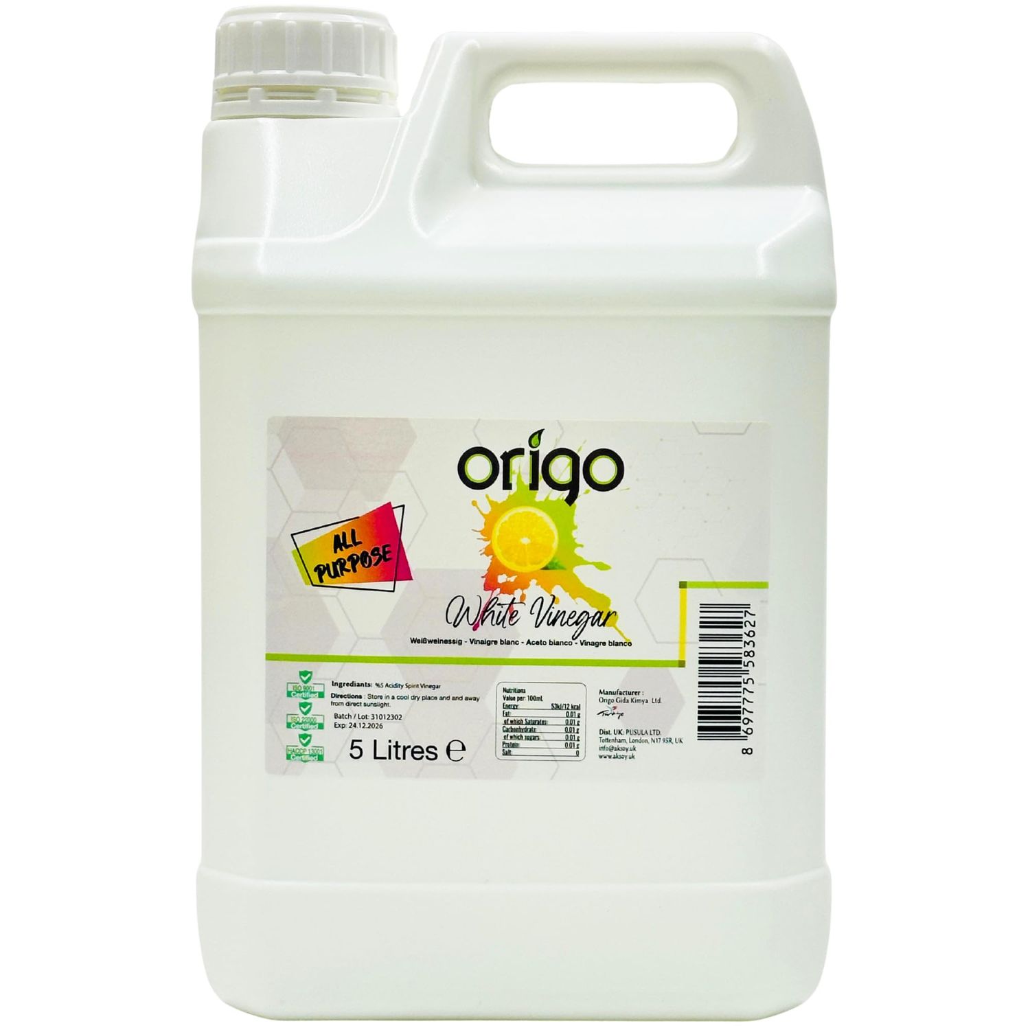 Origo White Vinegar for Cleaning, Pickling, Distilled White Vinegar - 5L Bottle with Fresh Lemon Scent Ideal for Weed Killer, Household, Cooking &amp; More Uses