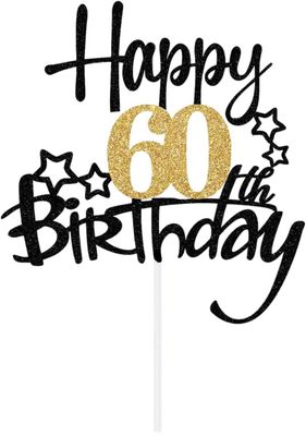 LIANRISES Happy 60th Birthday Cake Toppers for Men Women, Glitter Black and Golden