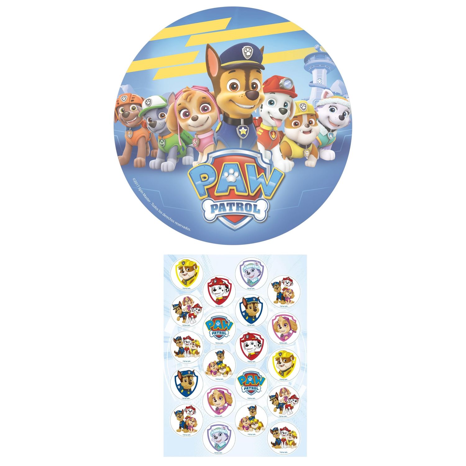 Dekozauber24 Paw Patrol Edible Cake Toppers 20cm + 20x Cupcake Toppers for Children's Birthday Parties, decorations muffins image disc (Paw Patrol Nr. 1)