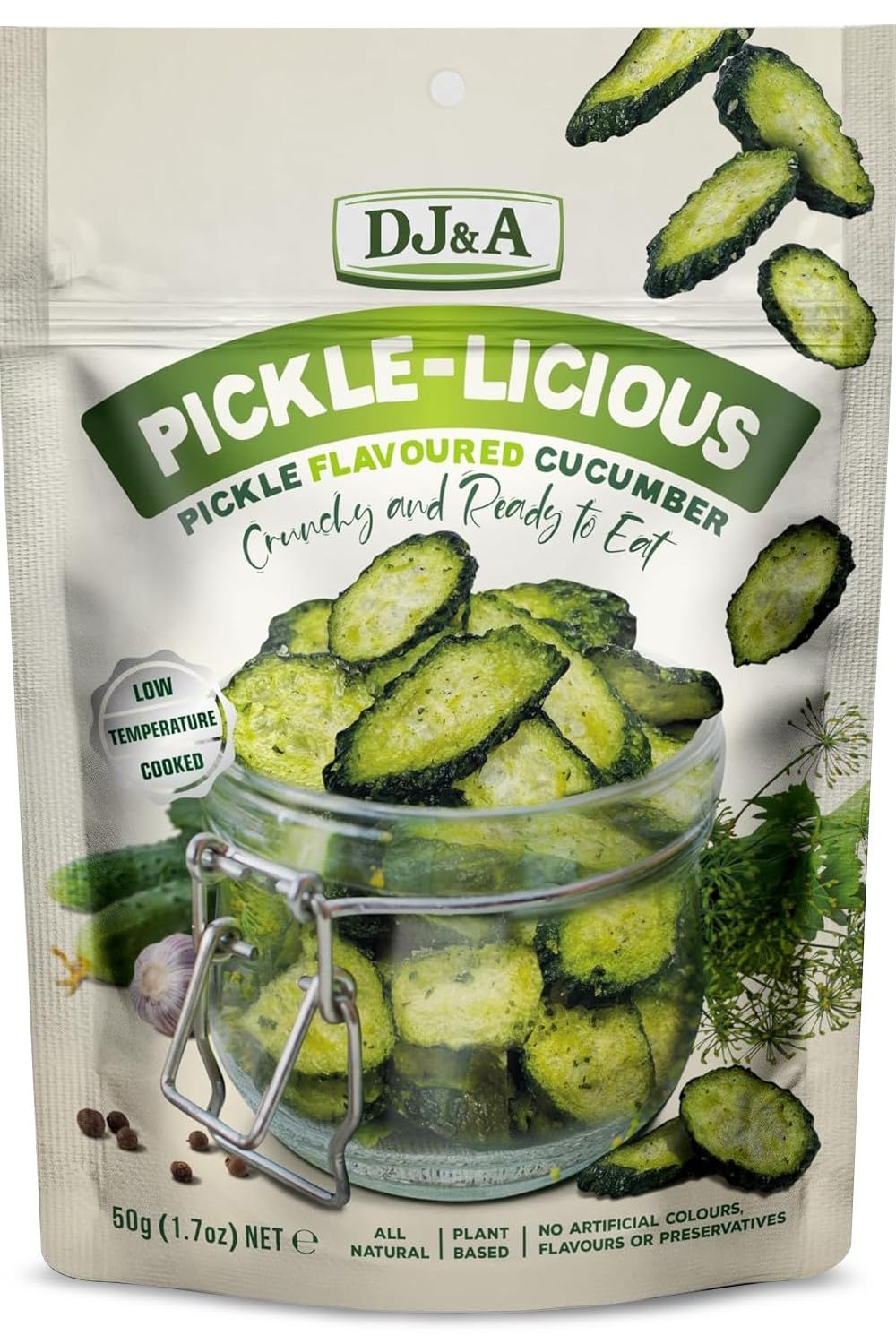 DJ &amp; A Pickle-licious 9 x 50g Pickled Cucumbers - Ready to Eat Pickle-Flavoured Cucumber for Snack, Sandwich Filler, Radish, Salami, Sliced Ham and Dips- Zero Preservatives