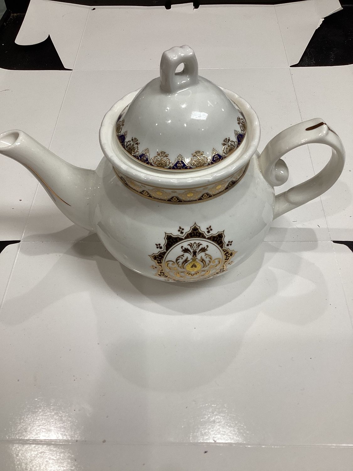 porcelain teapot white gold$ navy blue