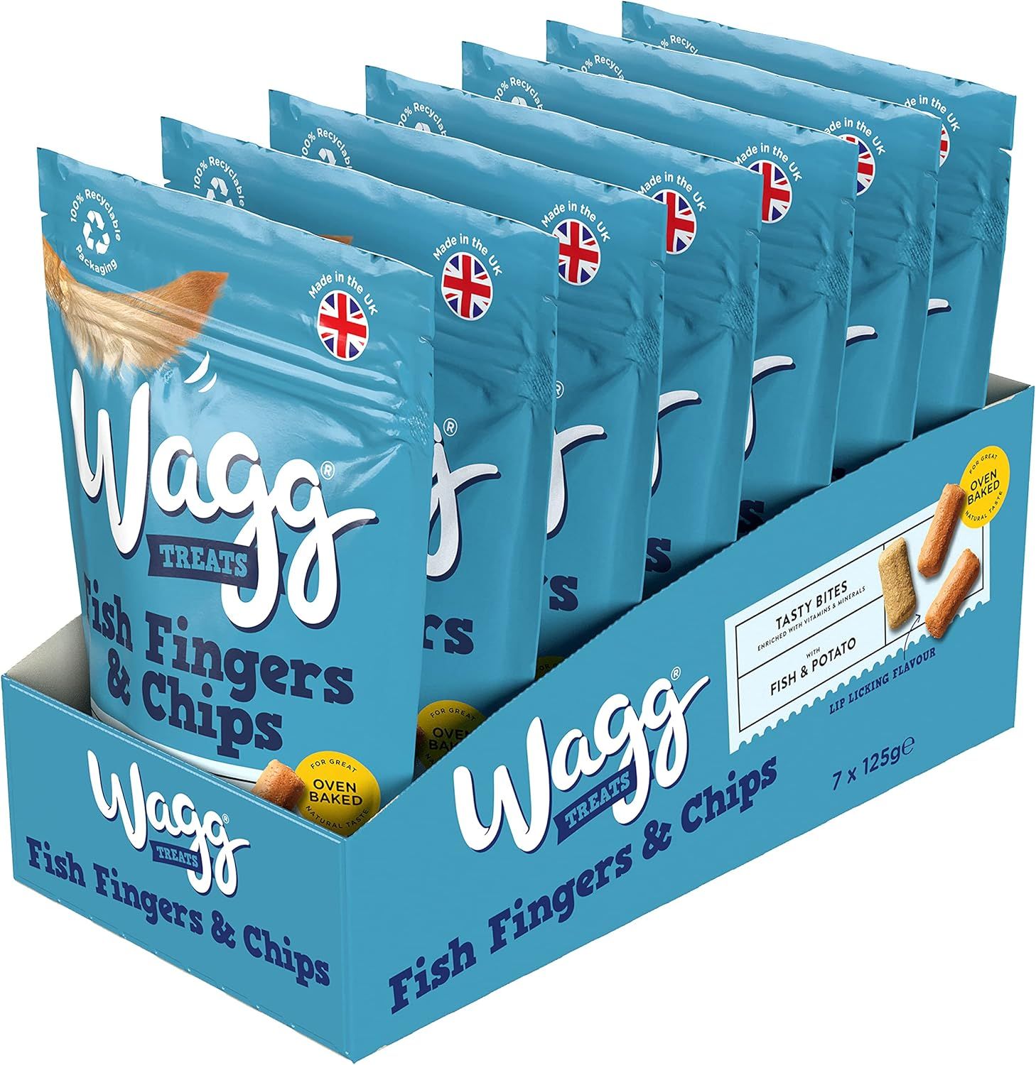 Wagg Fish Finger &amp; Chips Tasty Bites Fish &amp; Potato Dog Treats 125g (Pack of 7) - Oven Baked