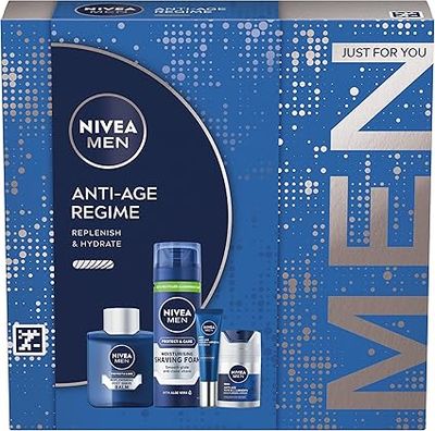 NIVEA MEN Anti Age Regime Gift Set (4 Products), Men&#39;s Anti Wrinkle Skincare Gift Set with Shaving Foam, Post Shave Balm, Face Moisturising Day Cream, and Eye Cream