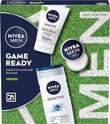 NIVEA MEN Game Ready Gift Set (3 Products), Men&#39;s Skincare Gift Set with Shower Gel, Face Wash, and Moisturising Creme, Perfect as Christmas or Birthday Gift