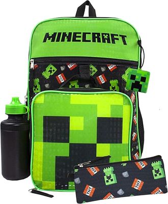 Minecraft Creeper Backpack | Boys Creeper TNT 5 Piece Set | Gamer Rucksack Pencil &amp; Case Bottle One Size