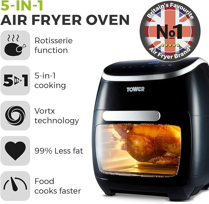 Tower T17039 Xpress Pro 5-in-1 Digital Air Fryer Oven with Rapid Air Circulation, 60-Minute Timer, 11L, 2000W, Black