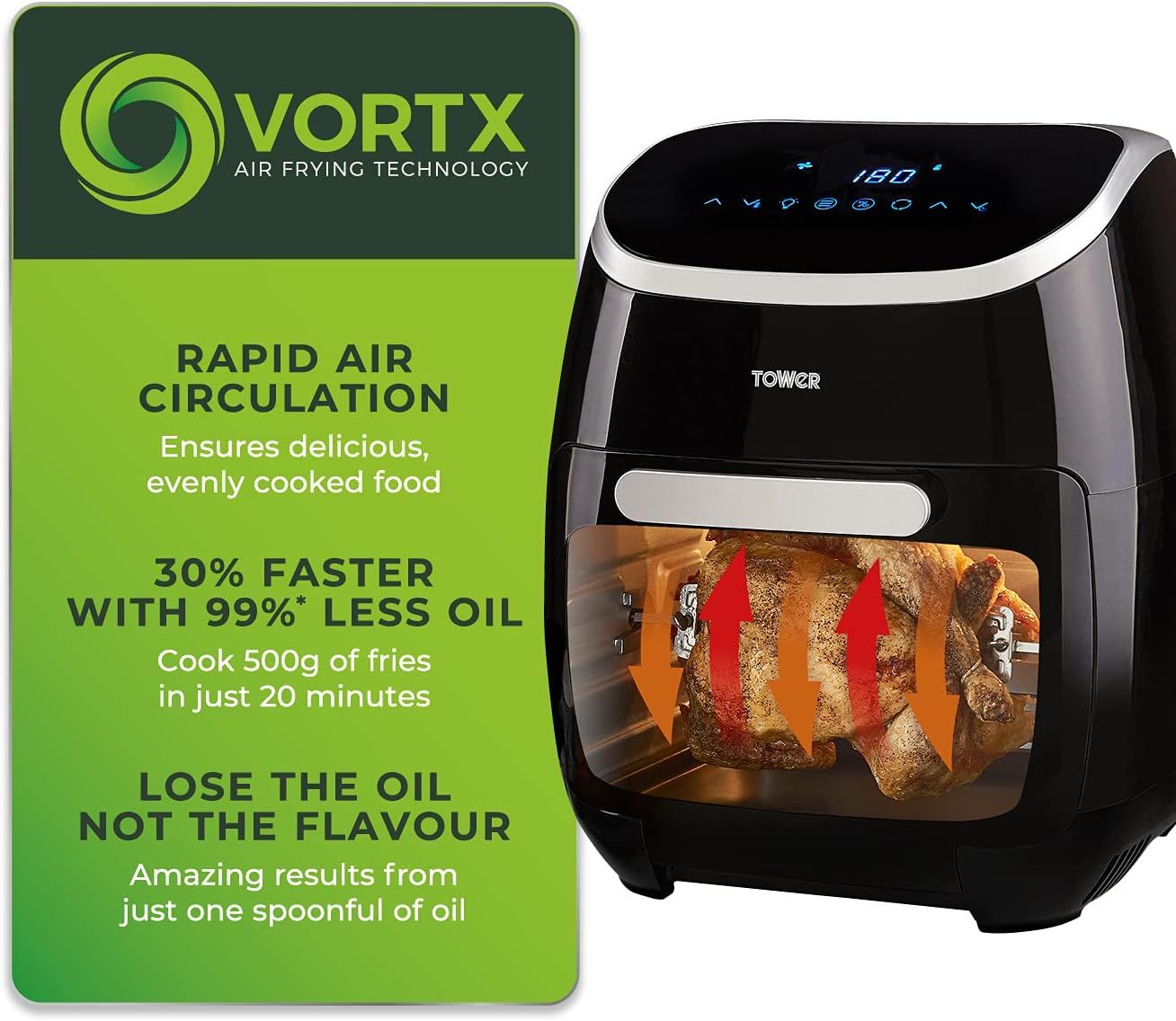 Tower T17039 Xpress Pro 5-in-1 Digital Air Fryer Oven with Rapid Air Circulation, 60-Minute Timer, 11L, 2000W, Black