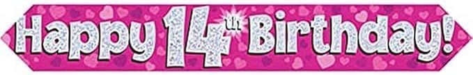 9ft Banner Happy 14th Birthday Pink Holographic
