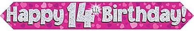9ft Banner Happy 14th Birthday Pink Holographic