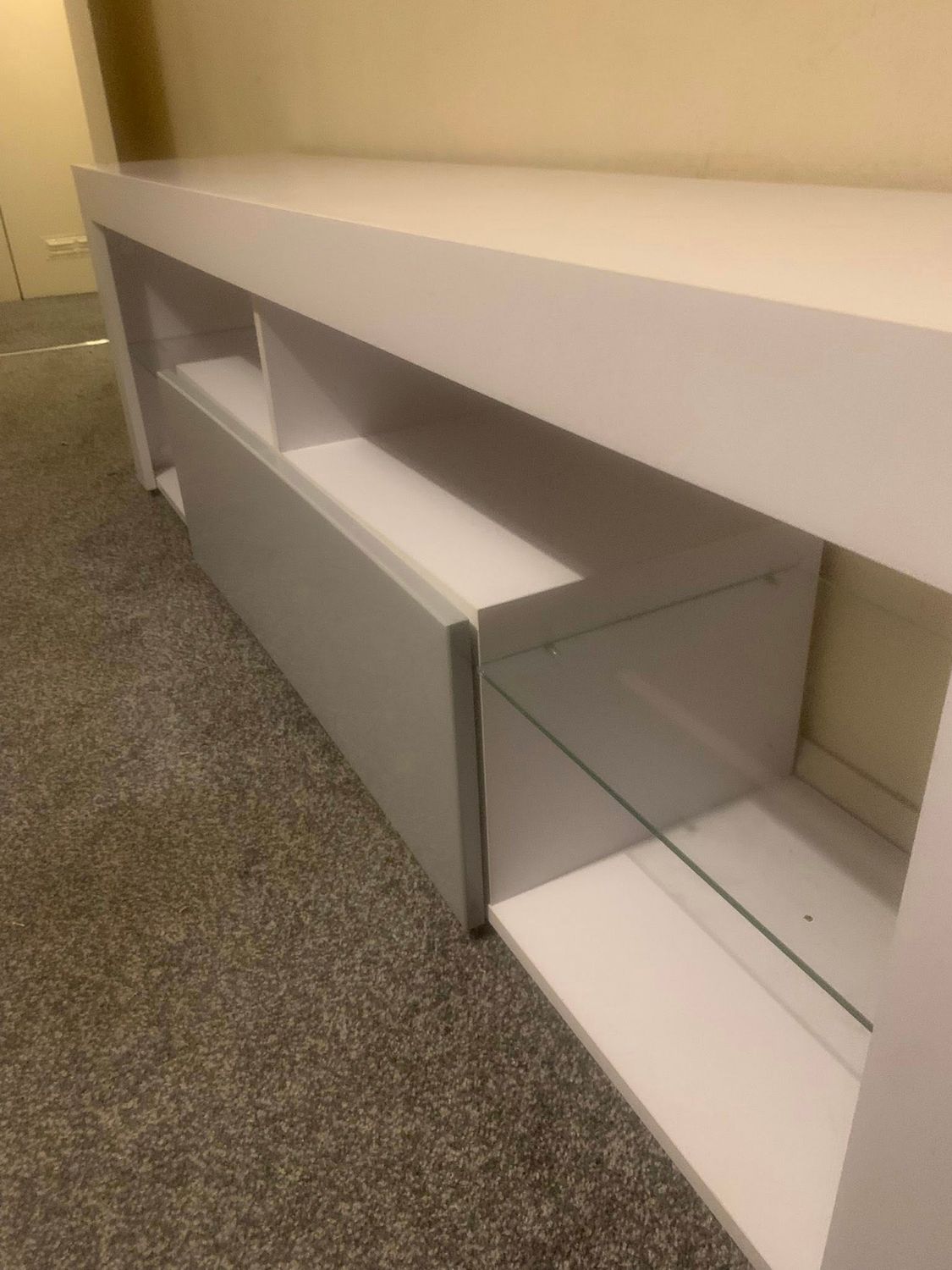 Large White TV Wooden Cabinet with Glass Shelves