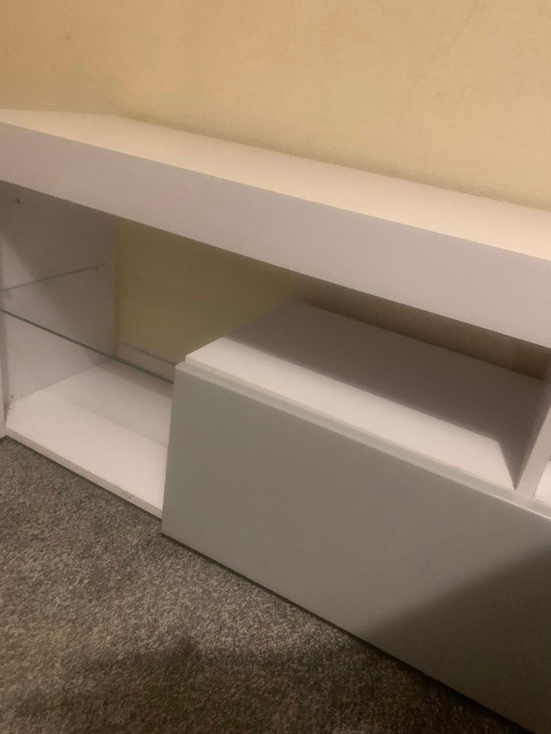 Large White TV Wooden Cabinet with Glass Shelves