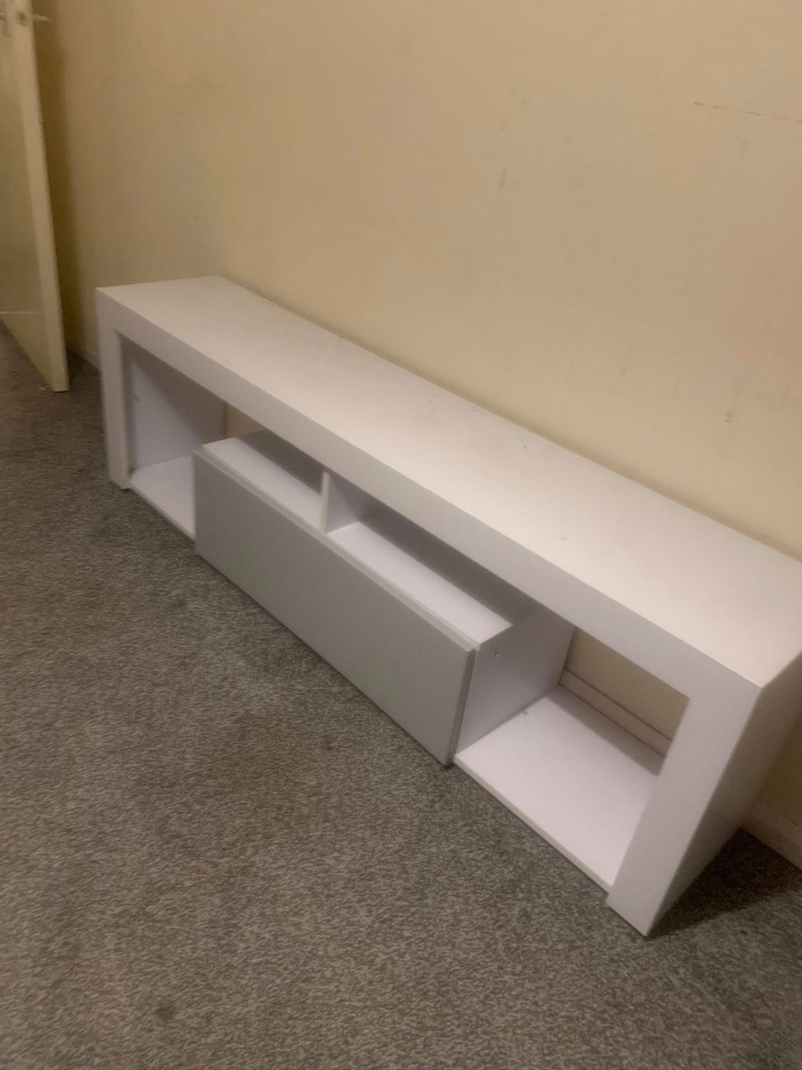 Large White TV Wooden Cabinet with Glass Shelves