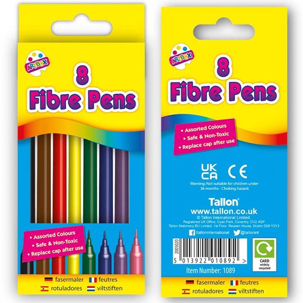 Artbox Assorted Colour Fine Tip Fibre Colouring  Pens 8 Pack