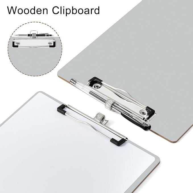A4 Wooden Clipboard, 5 Pack Clipboard Holders with Pen Holder and Hanging Hole, Grey [PACK OF 5]