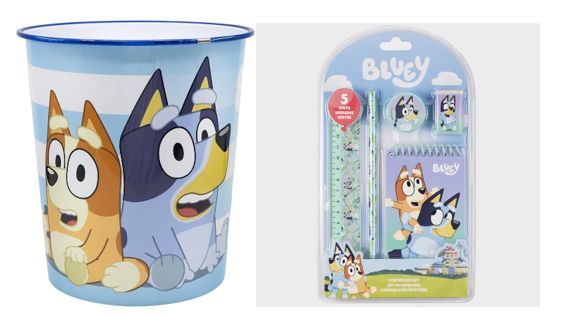 Bluey [2-PACK SET] Waste Bin &amp; 5 Piece Stationery Set For Kids, Bedroom, Playroom, Office, 22.5cm x 21cm x 21cm (Multicolour)