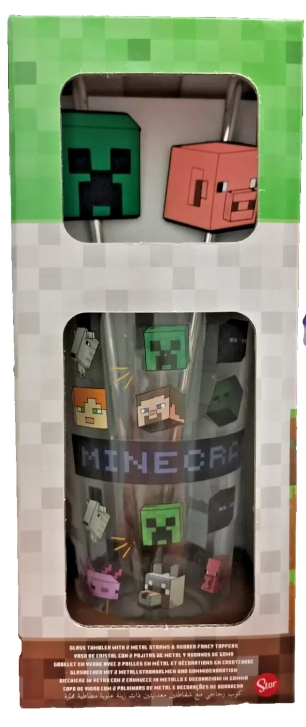 Minecraft Drinks Glass Gift Tumbler Glass &amp; Creeper Pig Metal Straws