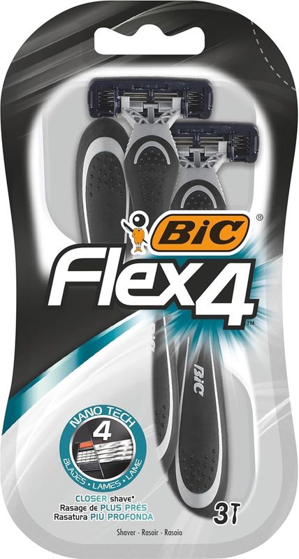 BIC Flex 4 Comfort men's razors with lubricating strip for a smooth and precise shave, Pack of 3 razors