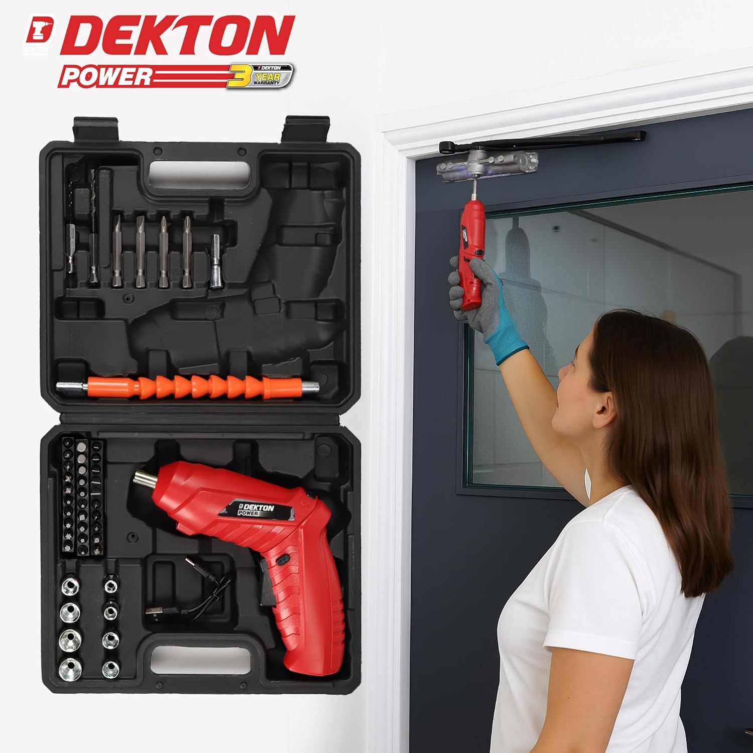 DEKTON VDE Cordless 3.6v Li-Ion Mini Electric Screwdriver Set – 48pcs with USB-C Rechargeable Battery, 200rpm, Led Light, 1/4" Quick Release Chuck, Storage Case &amp; Flexible Shaft
