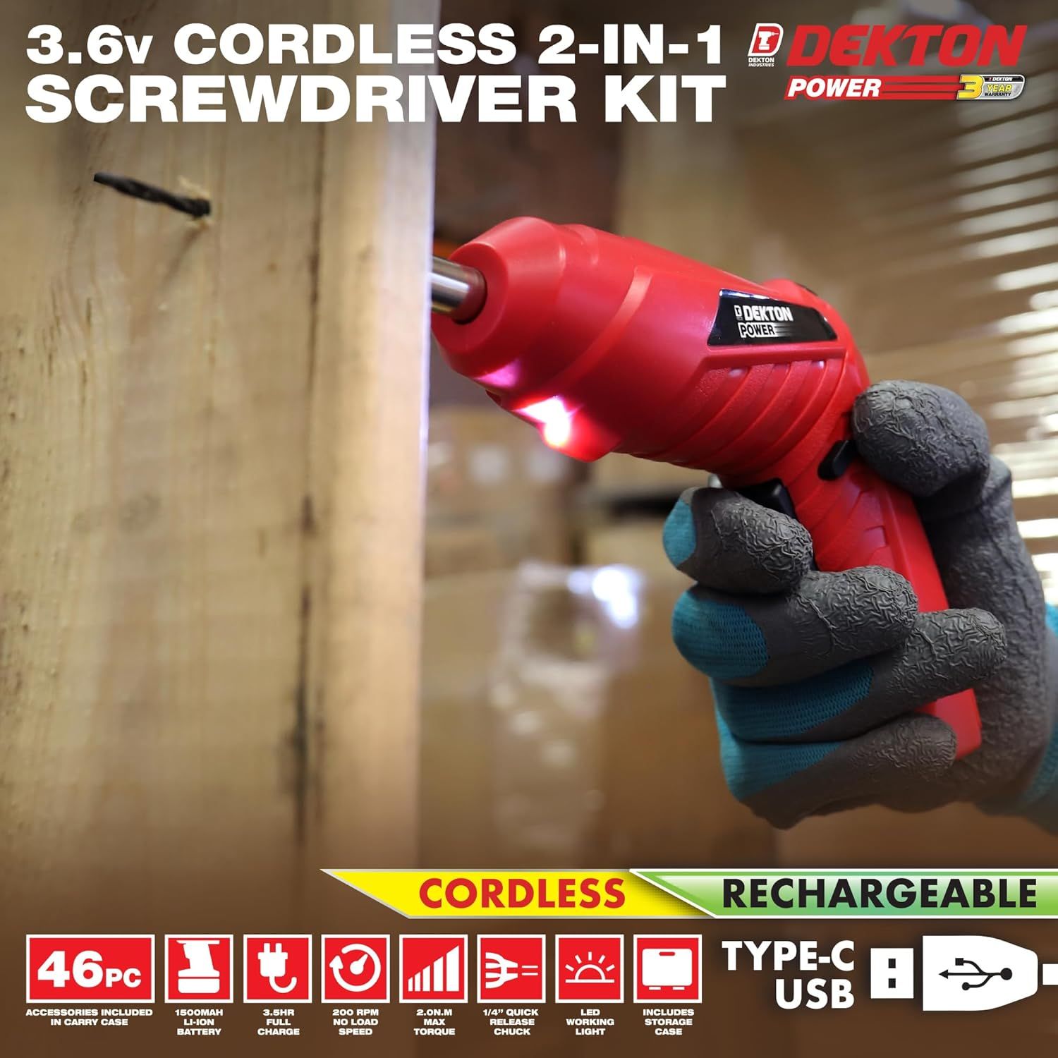 DEKTON VDE Cordless 3.6v Li-Ion Mini Electric Screwdriver Set – 48pcs with USB-C Rechargeable Battery, 200rpm, Led Light, 1/4" Quick Release Chuck, Storage Case &amp; Flexible Shaft