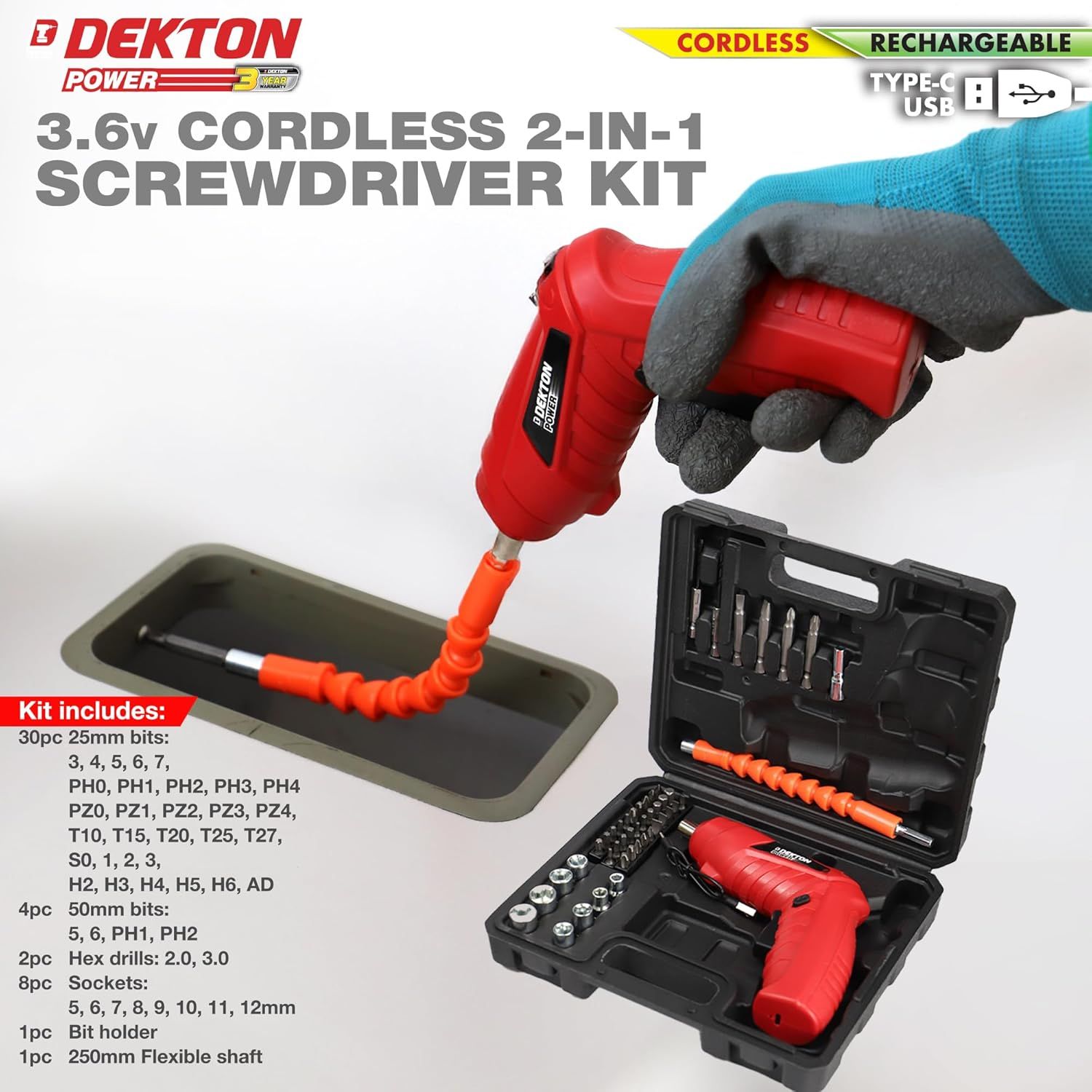 DEKTON VDE Cordless 3.6v Li-Ion Mini Electric Screwdriver Set – 48pcs with USB-C Rechargeable Battery, 200rpm, Led Light, 1/4" Quick Release Chuck, Storage Case &amp; Flexible Shaft