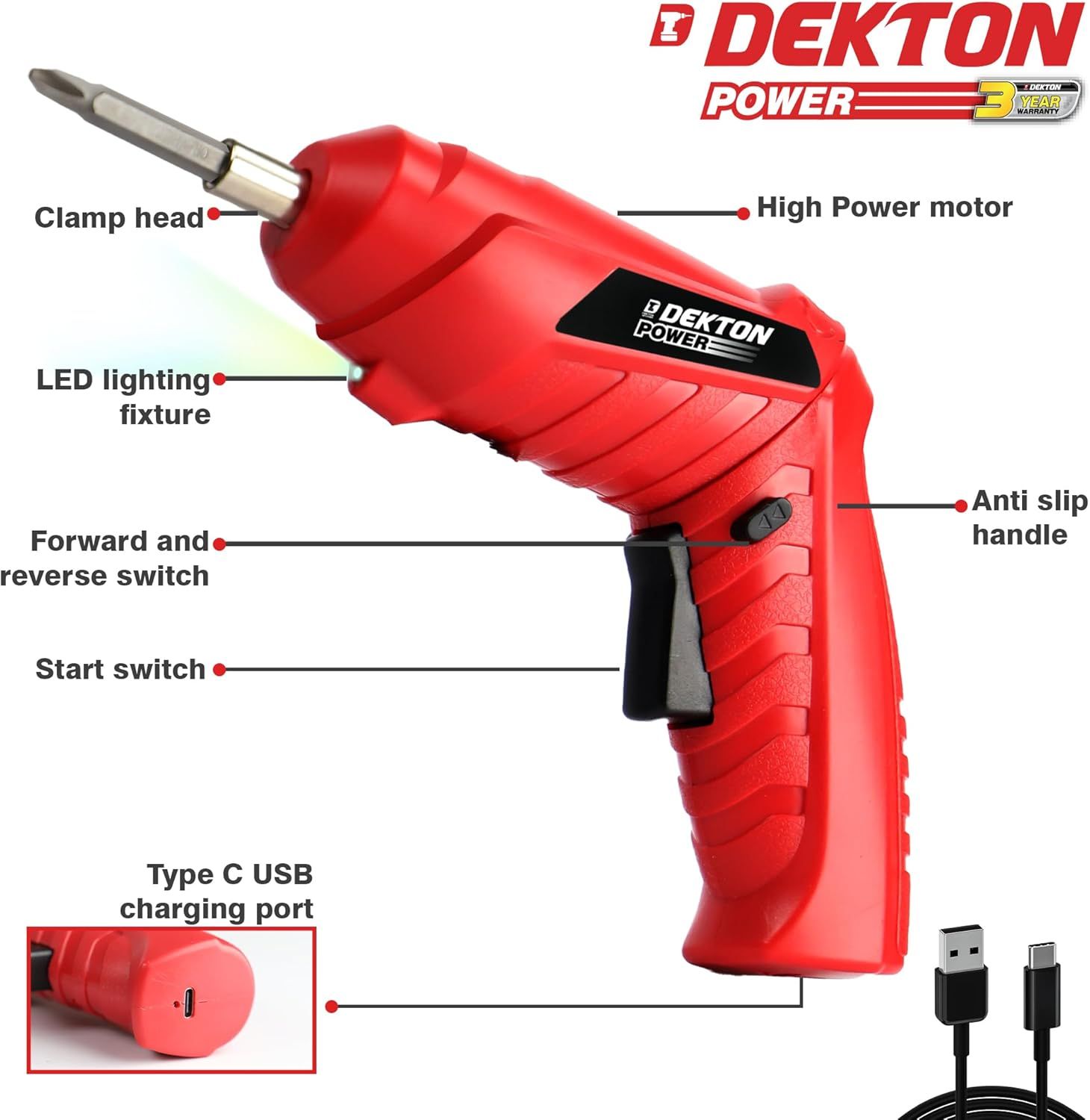 DEKTON VDE Cordless 3.6v Li-Ion Mini Electric Screwdriver Set – 48pcs with USB-C Rechargeable Battery, 200rpm, Led Light, 1/4" Quick Release Chuck, Storage Case &amp; Flexible Shaft